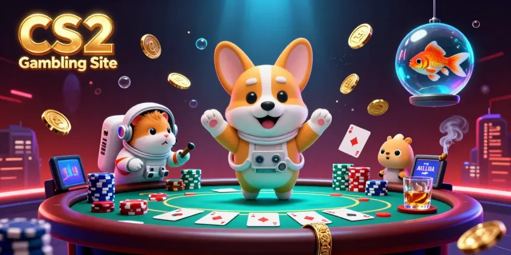A dynamic 3D scene of a corgi in space representing a CS2 Gambling Site, surrounded by poker elements and vibrant lights.