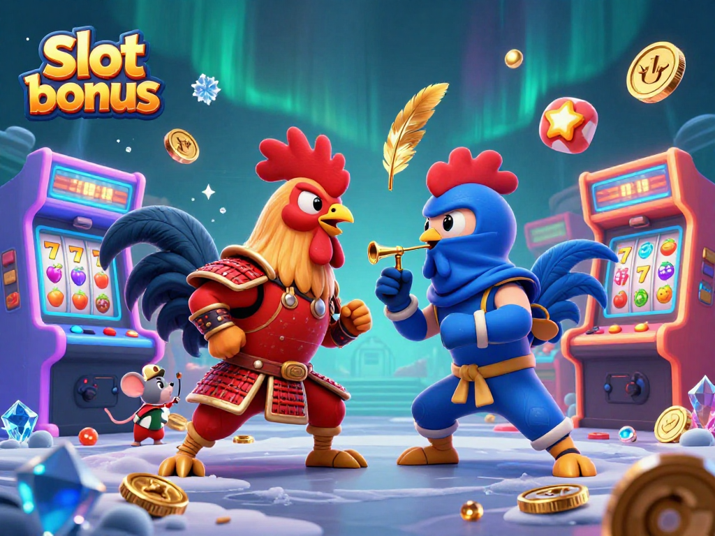 Engage with the slot bonus while watching fighting roosters clash in a dynamic casino scene.