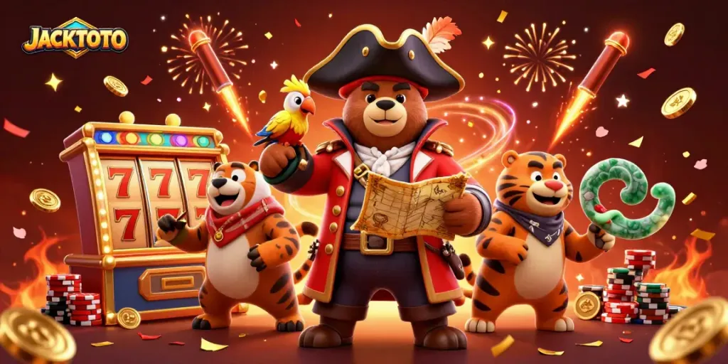 Join JACKTOTO's thrilling slots adventure with a pirate bear and tiger in this vibrant casino scene!