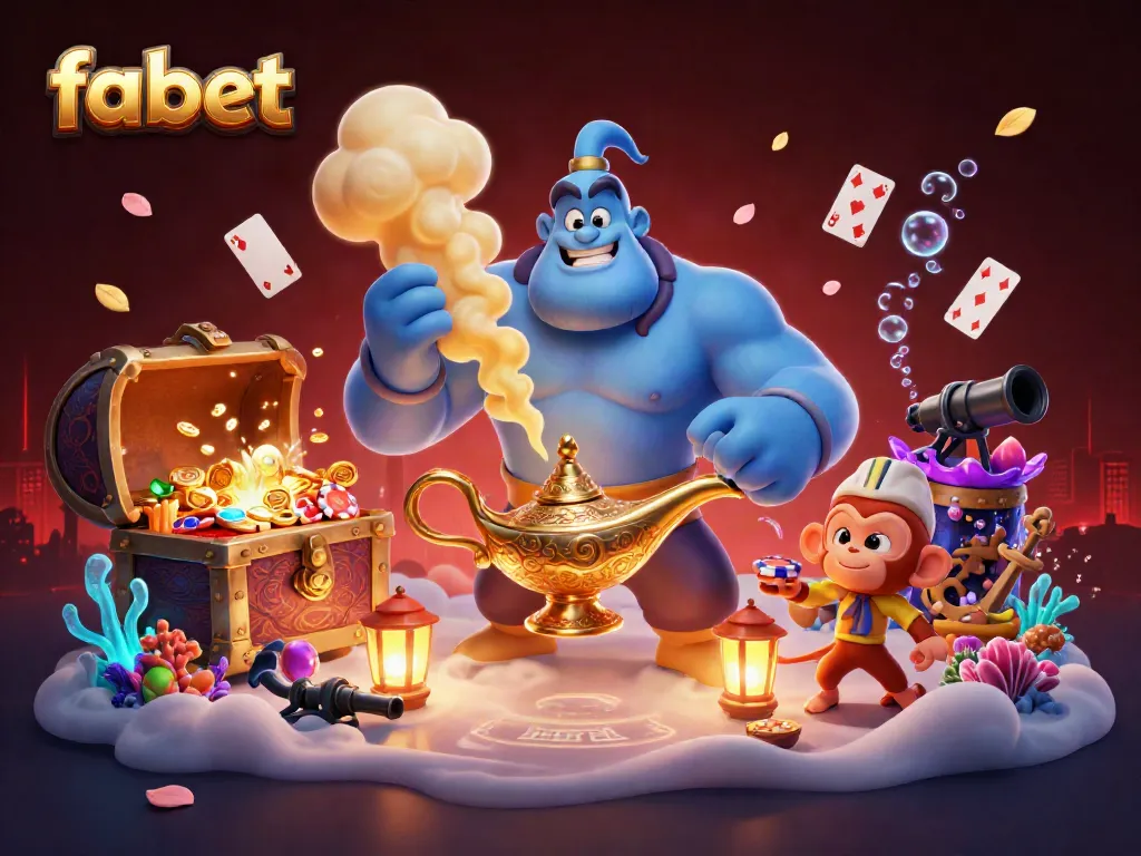 Experience the thrill of fabet with a dynamic scene of a genie and gaming elements bursting with excitement.