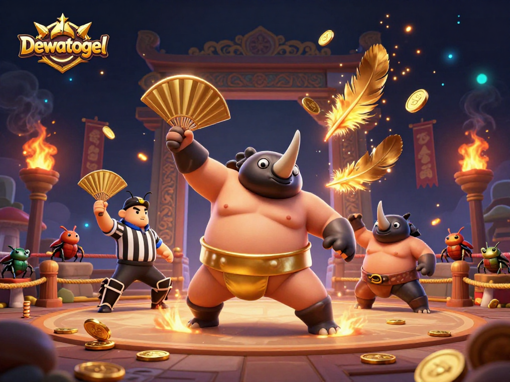 Dewatogel menampilkan juara sumo kumbang badak dalam aksi, dikelilingi koin emas dan elemen perjudian.