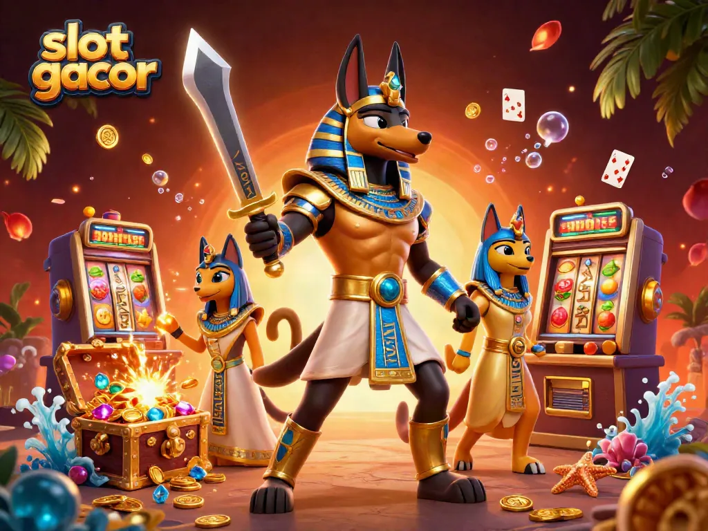Experience the thrill of slot gacor with Anubis and Bastet in a colorful casino scene.