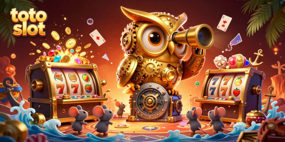 Engage with the thrilling toto slot experience featuring a whimsical clockwork owl and vibrant casino elements.