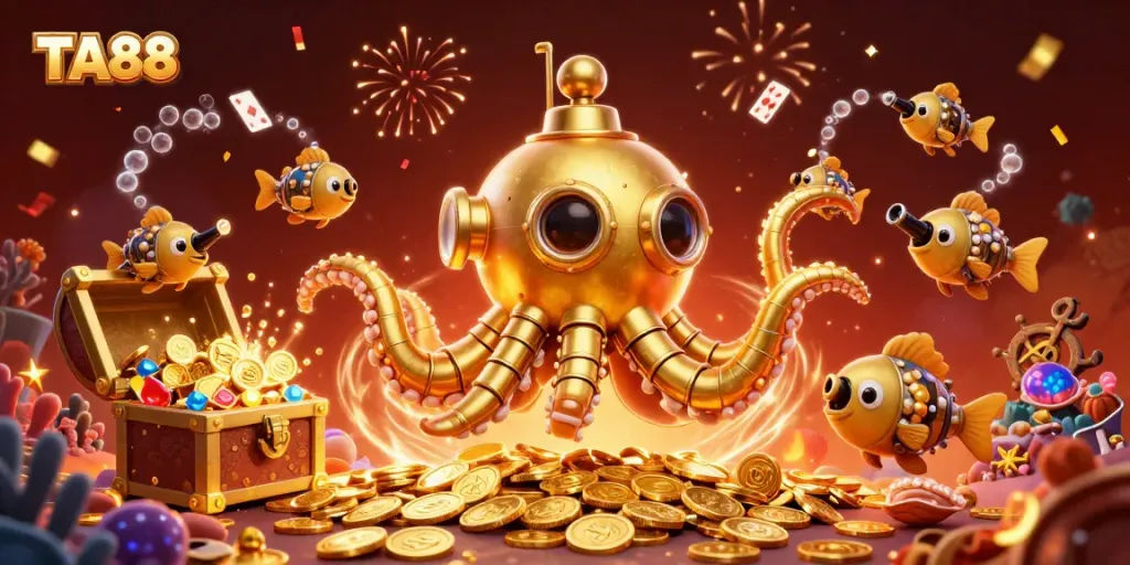 Engage with TA88's thrilling underwater adventure featuring a golden kraken and mechanical fish amidst treasure and games.