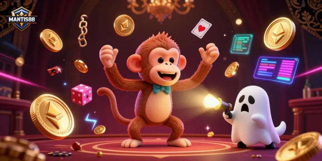 MANTIS88 showcases an exciting poltergeist monkey juggling coins in a haunted casino.