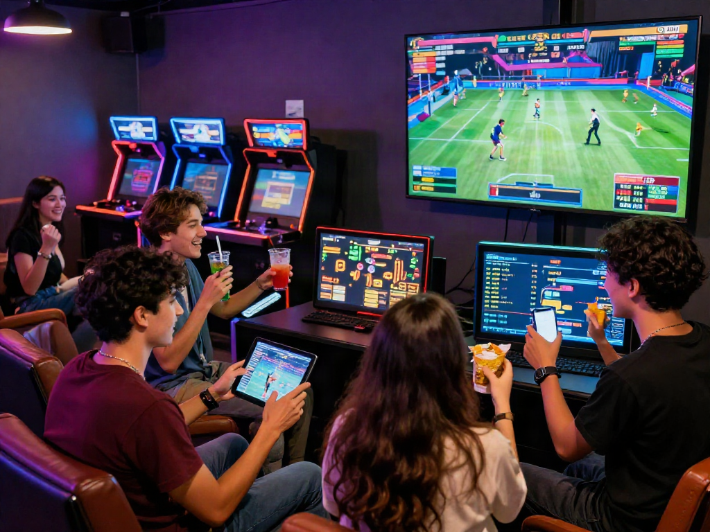 Friends enjoying situs toto betting experience in a lively gaming lounge.