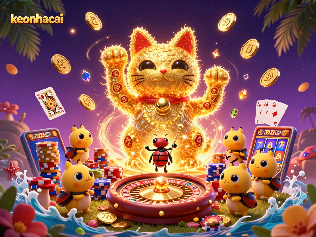 Engage with keonhacai's vibrant casino world through dynamic 3D illustrations bursting with energy.