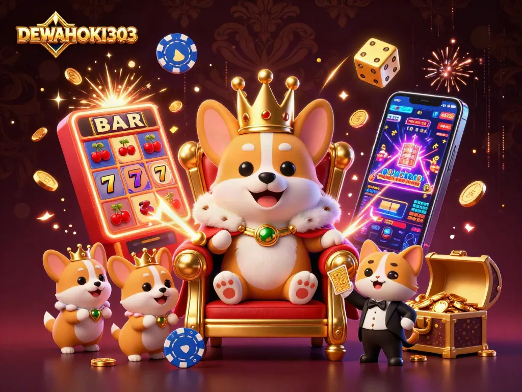 DEWAHOKI303 menampilkan raja corgi dengan mahkota emas di latar belakang kasino yang mewah.