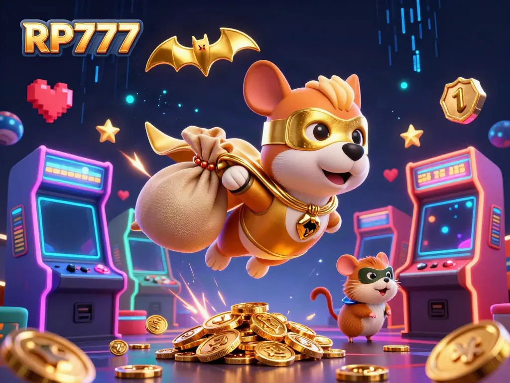 Engage in thrilling adventures with RP777, where a flying superhero dog delivers gold coins amid a vibrant casino-themed backdrop.