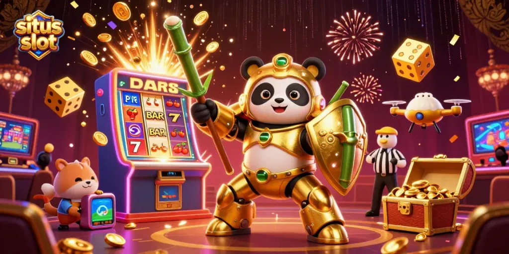 Ilustrasi 3D menarik menunjukkan situs slot dengan karakter panda berperang dalam sebuah robot di arena kasino yang meriah.