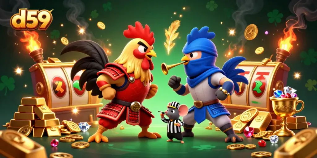 Engage with d59's thrilling slot game action, featuring roosters and vibrant casino elements.