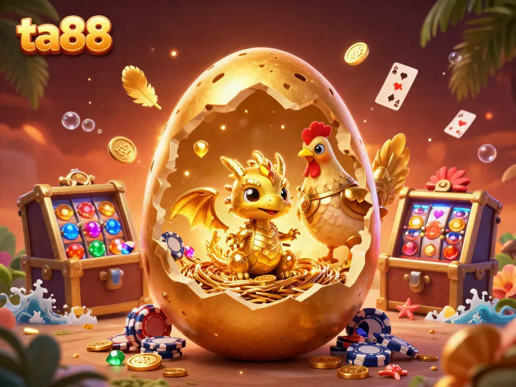Engage with ta88's vibrant casino world featuring a golden dragon, poker chips, and dynamic gaming elements.