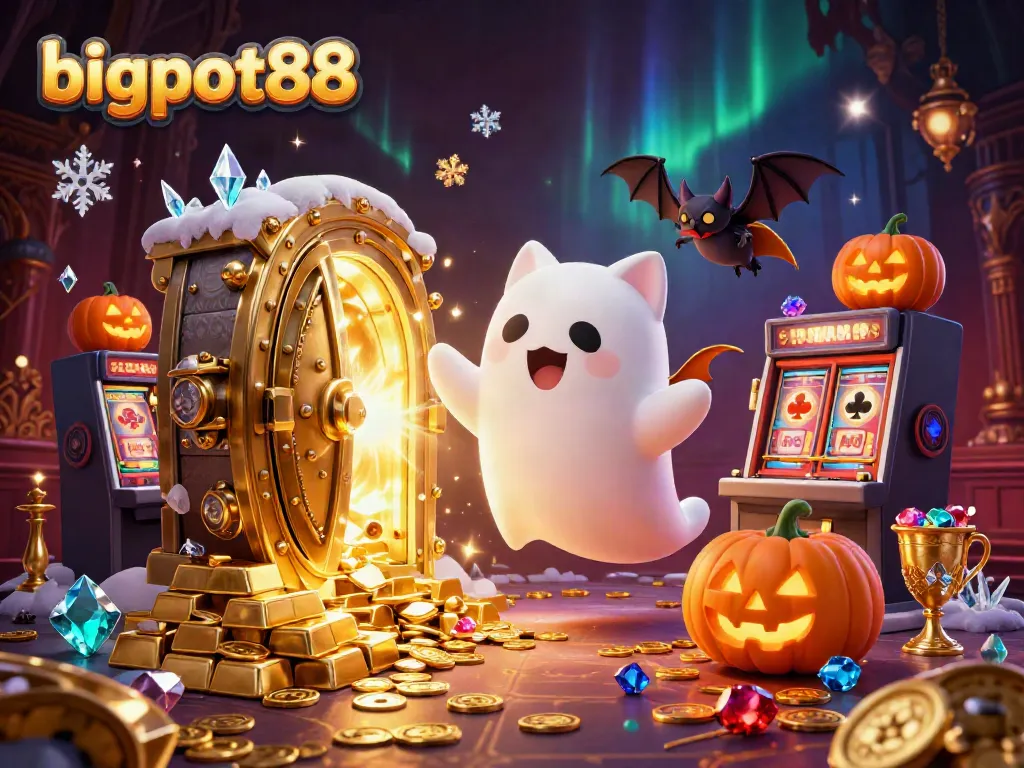 Experience bigpot88 in a haunted casino with a ghost cat, bat companion, and glowing jack-o-lanterns.