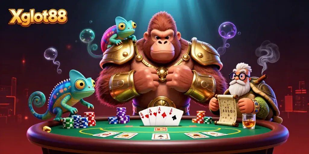Gorila raja dalam armor emas mengalahkan kartu poker pada Xgslot88, mengembangkan taruhan yang seru.