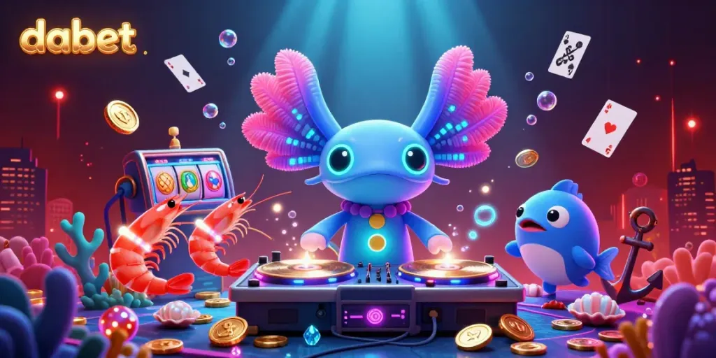 Dabet introduces a vibrant underwater casino scene with a neon axolotl DJ and dancing shrimp, celebrating gaming excitement.