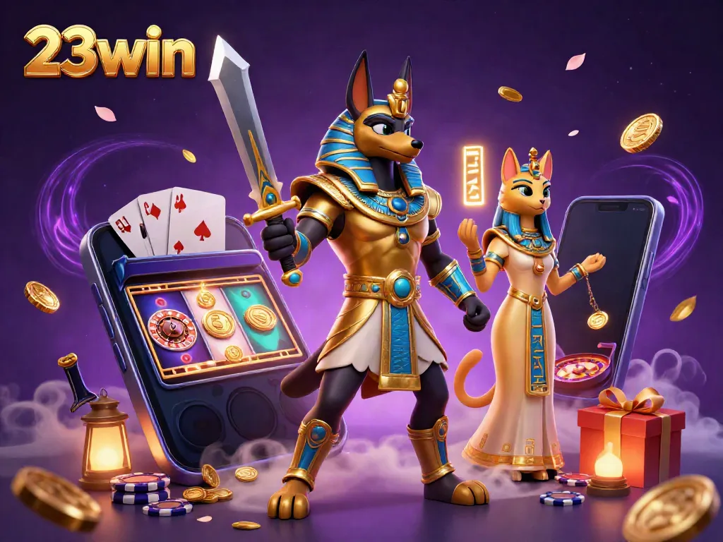 Experience thrilling gameplay with 23win alongside Anubis and Bastet in a vibrant casino scene.