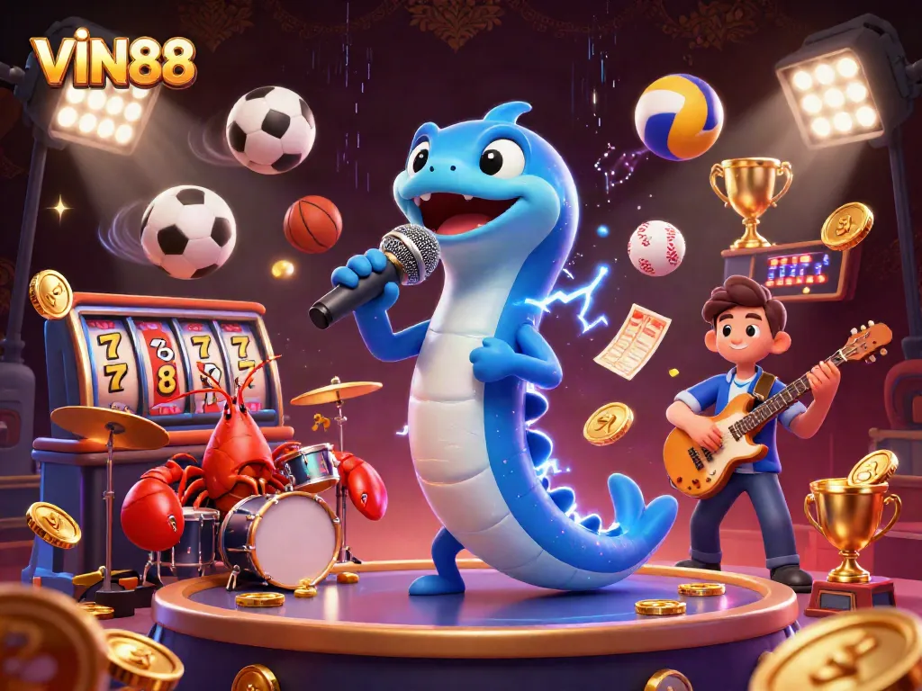 Engage in vibrant gaming excitement at VIN88 with a lively underwater casino scene featuring a DJ eel, lobster drummer, and seahorse guitarist.