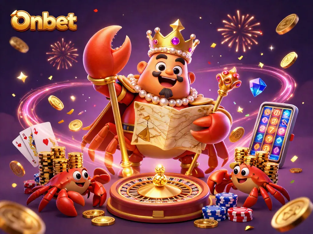 Onbet showcases the golden crab emperor amidst cascading coins, vibrant energy, and casino excitement.