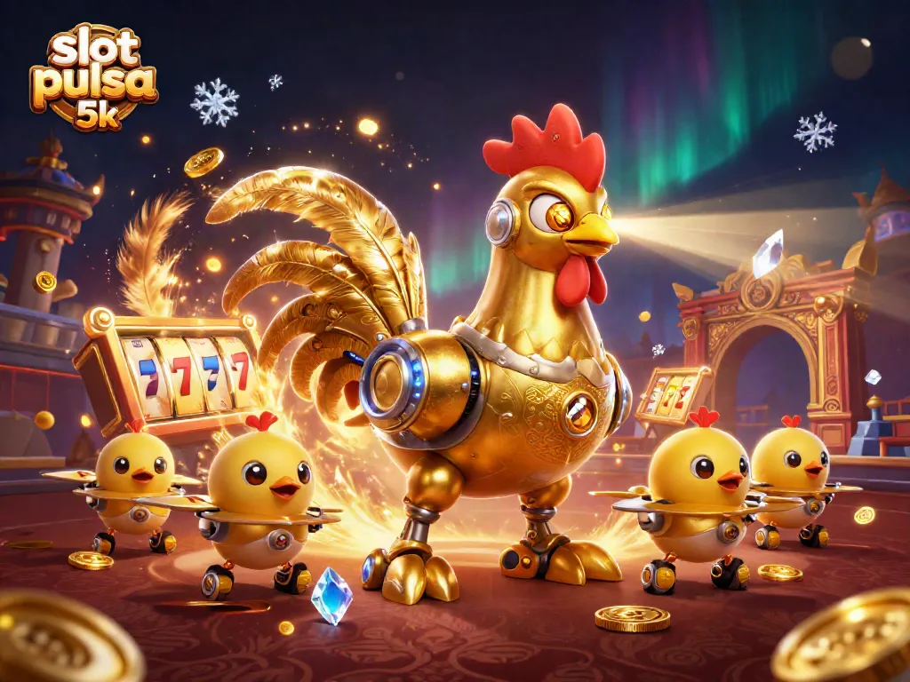 Engage in action with slot pulsa 5k, featuring a golden rooster robot and dynamic gaming elements