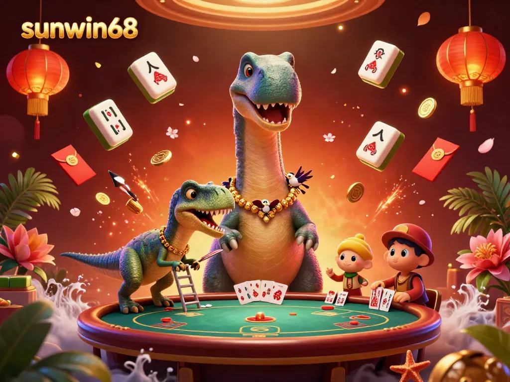Experience the excitement at sunwin68 with a thrilling 3D casino scene featuring vibrant characters and game elements.