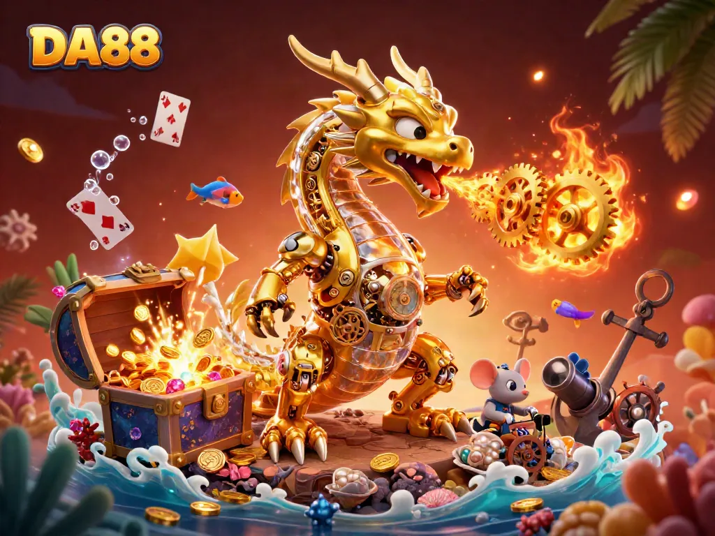 Engage with thrilling DA88 gaming adventure featuring a biomechanical dragon amidst jewels and treasures.