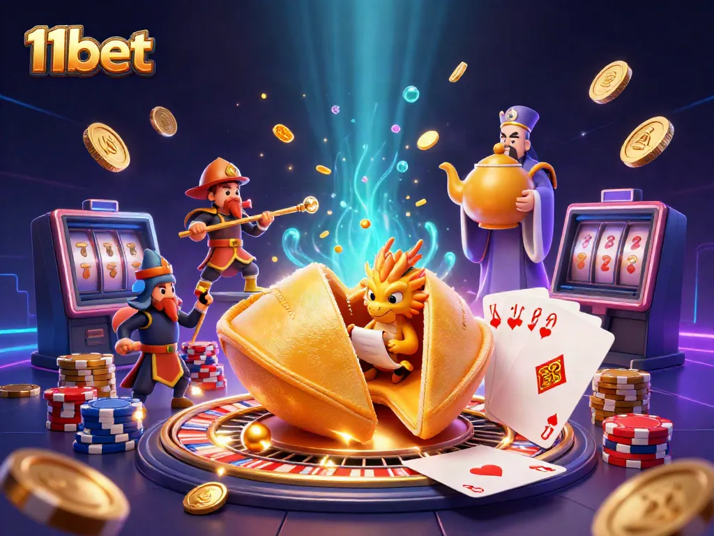 Engage with 11bet's vibrant online casino experience, featuring a magical scene of fortune, luck, and thrilling games.