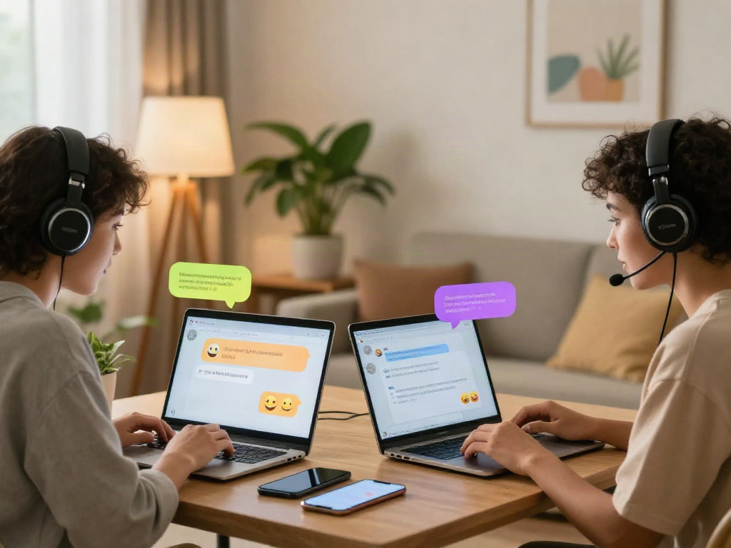 Dynamic scene showing sex AI chat interactions between diverse users in cozy settings.