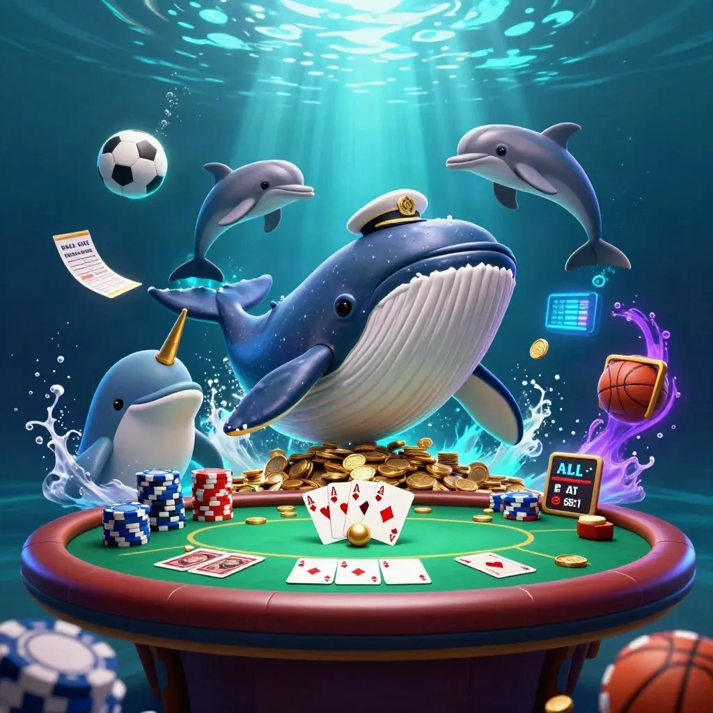 Whale captain, narwhal, dolphins, and casino props surge through coins in a neon underwater scene.