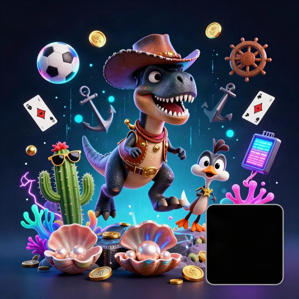 Cowboy T-Rex, cactus sidekick, and roadrunner explode through a neon treasure cove.