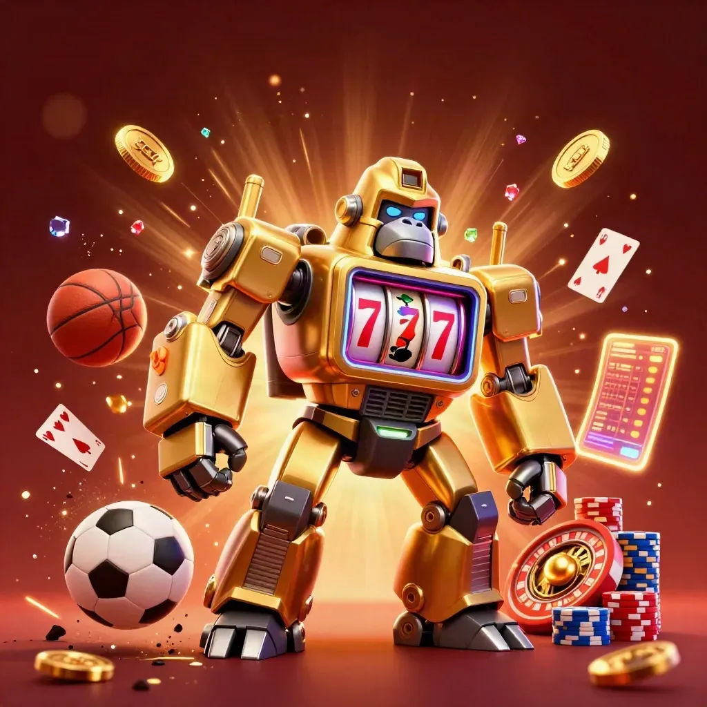 Golden gorilla slot-mech bursts with coins, chips, cards, balls, and neon casino energy.