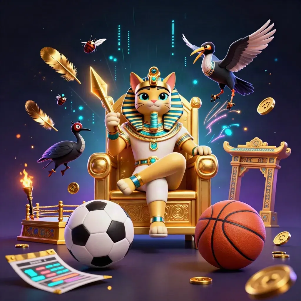 Pharaoh cat, ibis scribe, and scarabs amid neon casino effects with balls, coins, and temple gate.