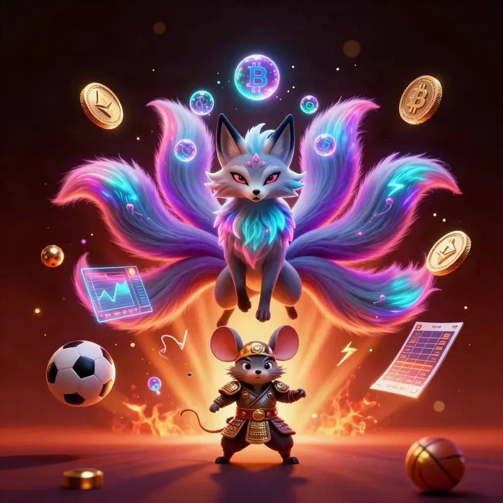 Neon nine-tailed fox spirit and samurai mouse amid coins, lightning, and ember glow.