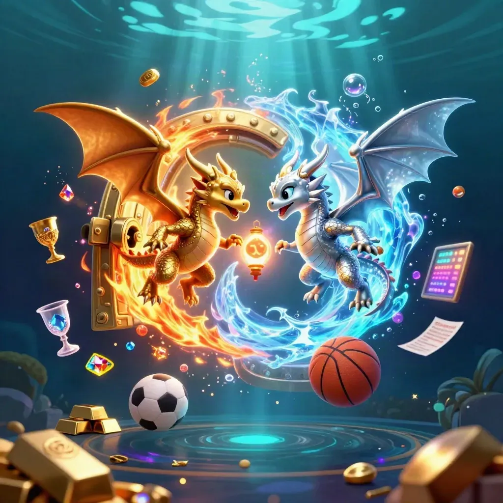 Gold and silver dragons swirl through teal water with vault loot, glowing balls, bubbles, and cyan-violet light.