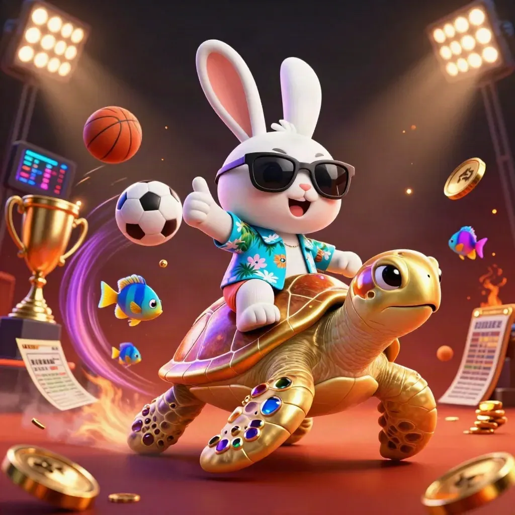Lucky rabbit on a gem turtle amid flying balls, coins, trophy and neon casino lights