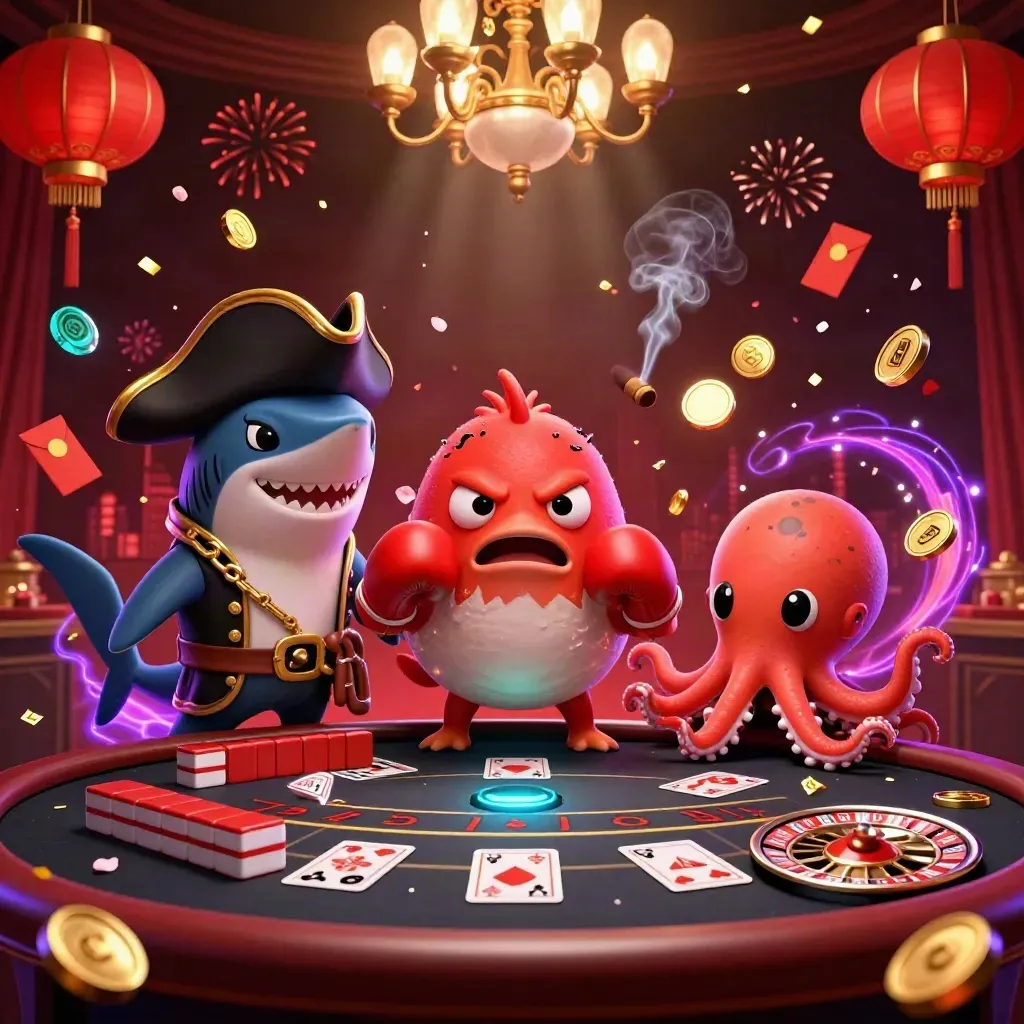 Shark pirate, pufferfish boxer, and baby octopus amid casino glow, coins, lanterns, and fireworks.