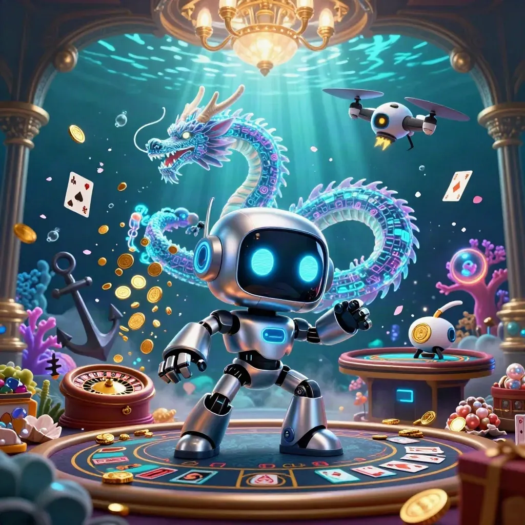 Cyberpunk robot, holographic dragon, and coin drone in an underwater casino of gold and neon.