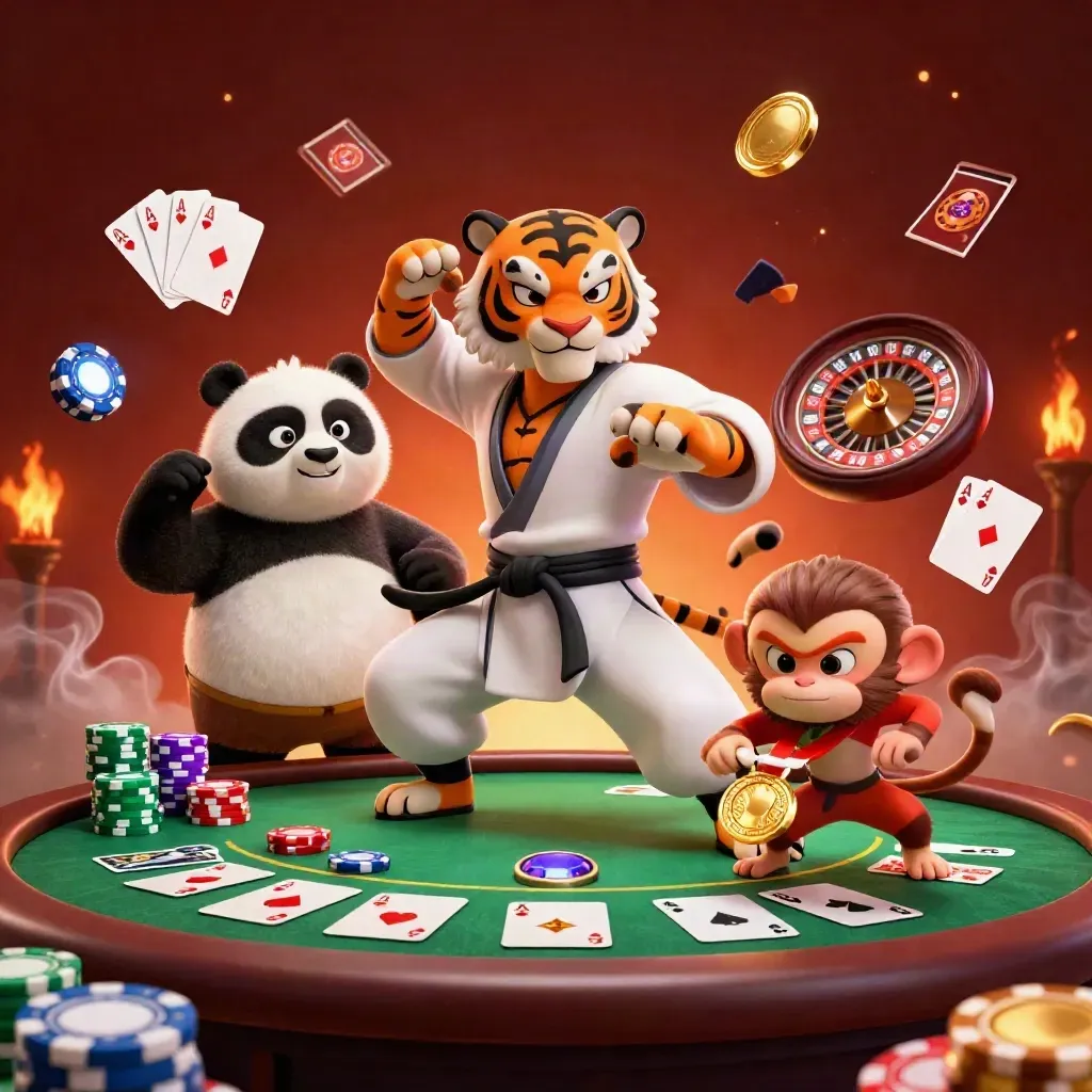 Kung-fu tiger, panda, and monkey amid casino props in a blazing cinematic room.