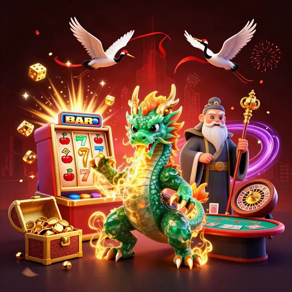 Emerald dragon, turtle sage, and ribboned cranes amid casino magic in a dark neon room.