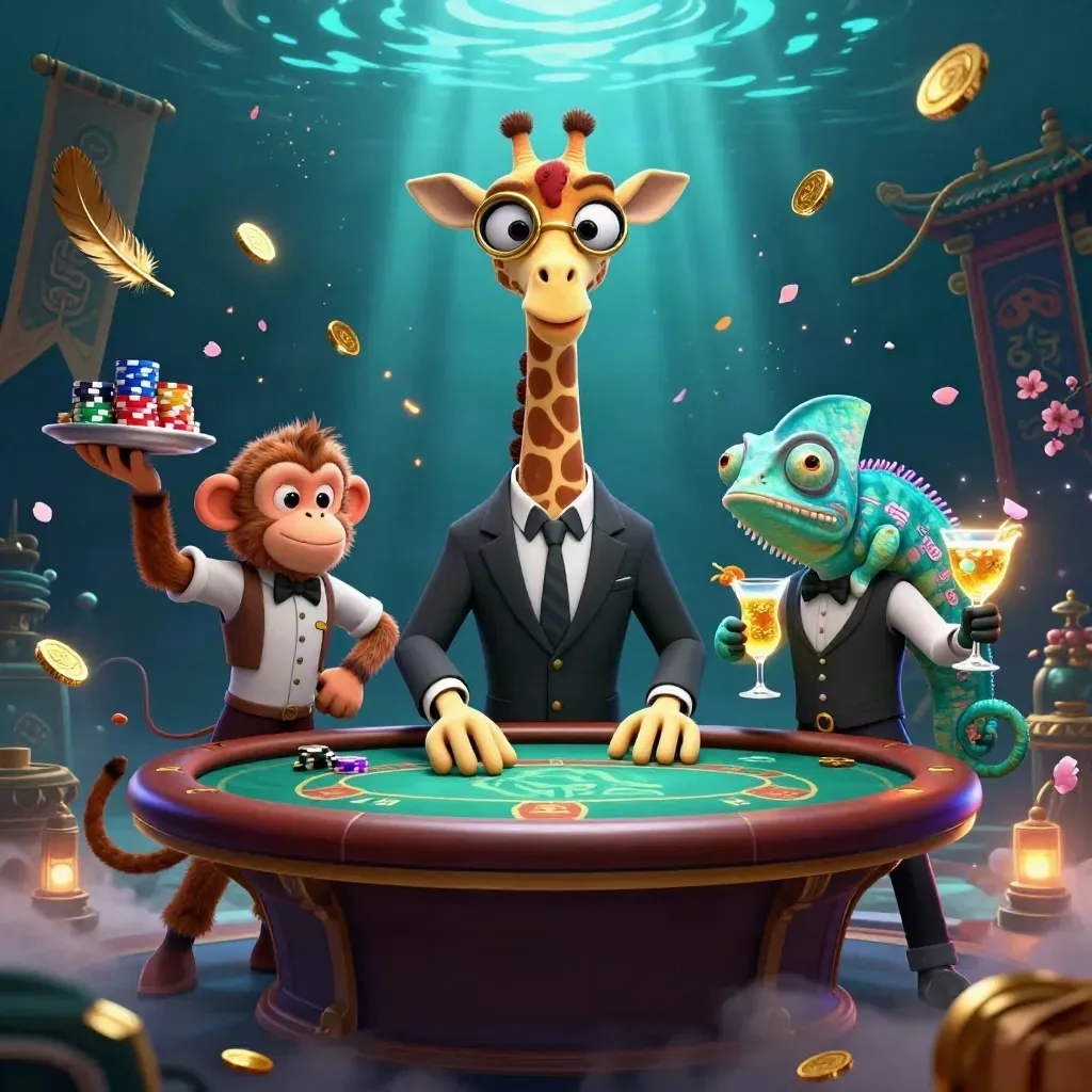 Giraffe high roller, monkey valet, and chameleon bartender amid casino treasure and glowing ruins