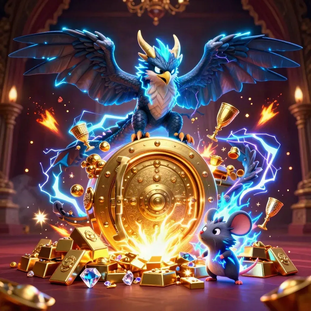 Thunder dragon, wind hawk, and crackling mouse burst from an open treasure vault in neon cyan light.