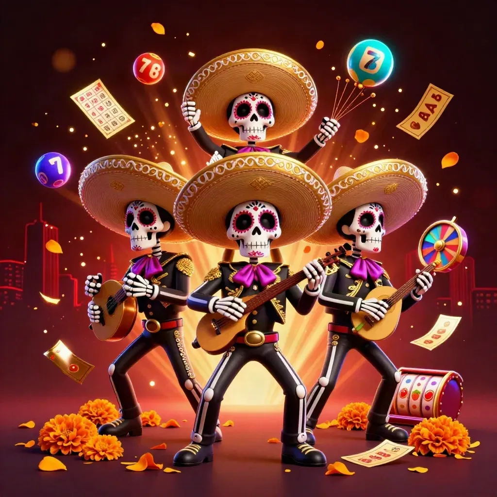 Day-of-the-Dead mariachi skeleton trio amid lotto balls, bingo, prize wheel and neon casino sparks.