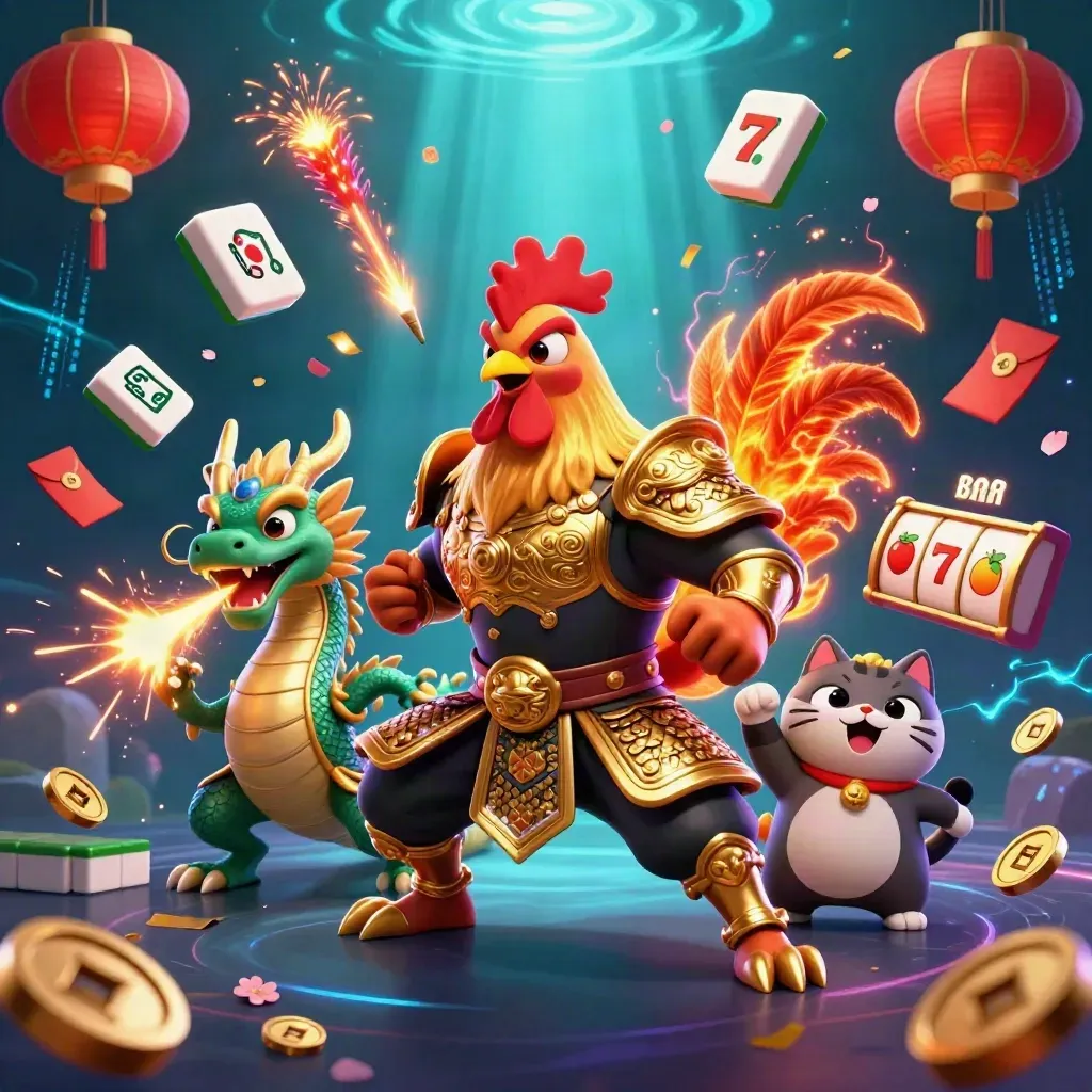 Rooster samurai, dragon hatchling, and fortune-cat amid casino loot and neon sparks