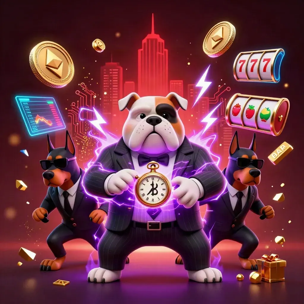 Bulldog mob boss and Dobermans amid neon crypto coins, reels, sparks, and dark skyline.