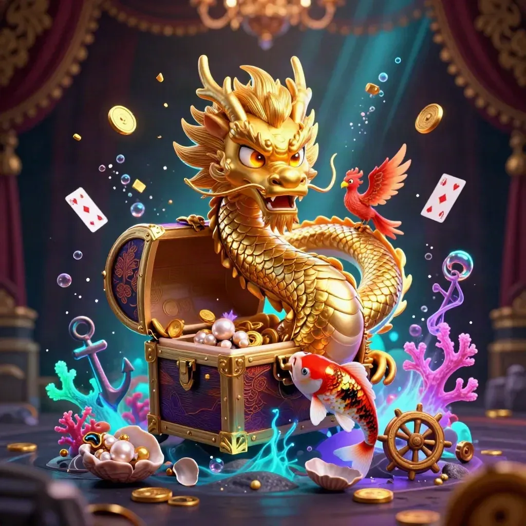 Golden dragon, phoenix, and koi bursting from a neon treasure cove