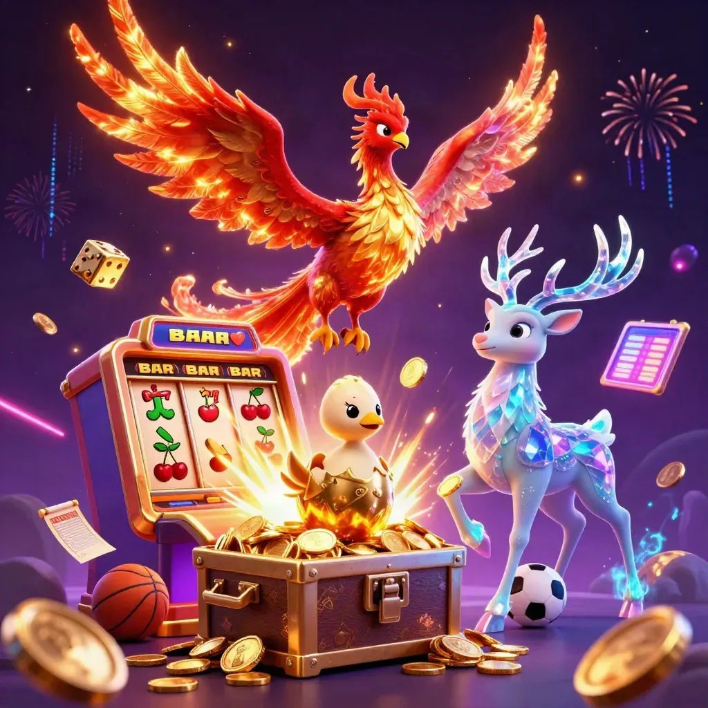 Phoenix, stag, and hatchling amid jackpots, coins, fireworks, and neon casino energy.