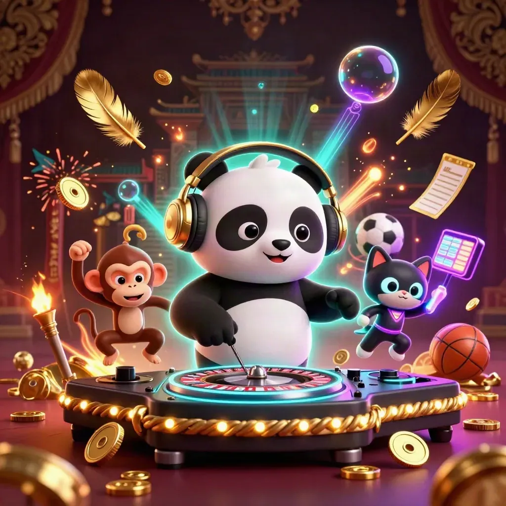 DJ panda, dancing monkey, and glow-kitten amid gold coins, fireworks, and neon casino magic