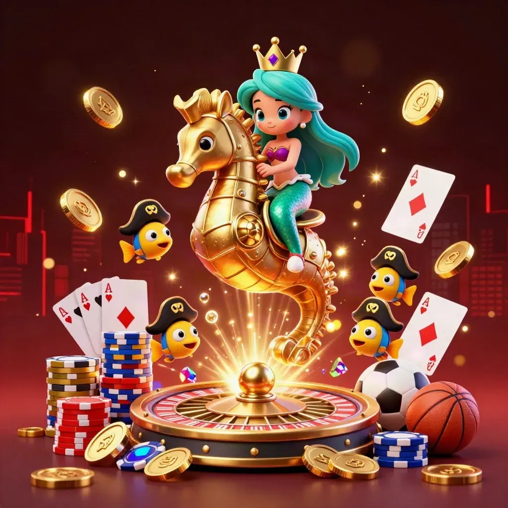 Mermaid princess on armored seahorse amid coins, cards, chips, fireworks, and casino lights