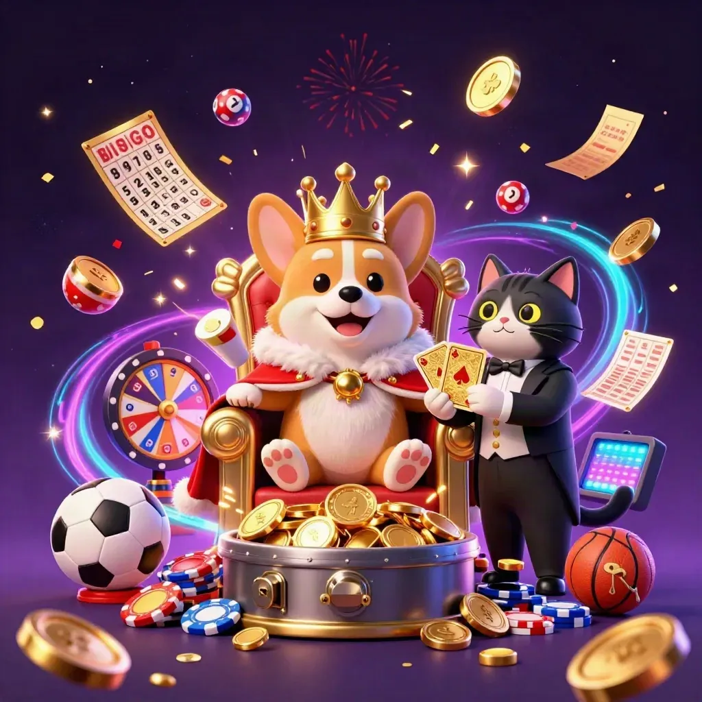 Royal corgi and cat butler amid coins, lottery balls, fireworks, and casino treasures.
