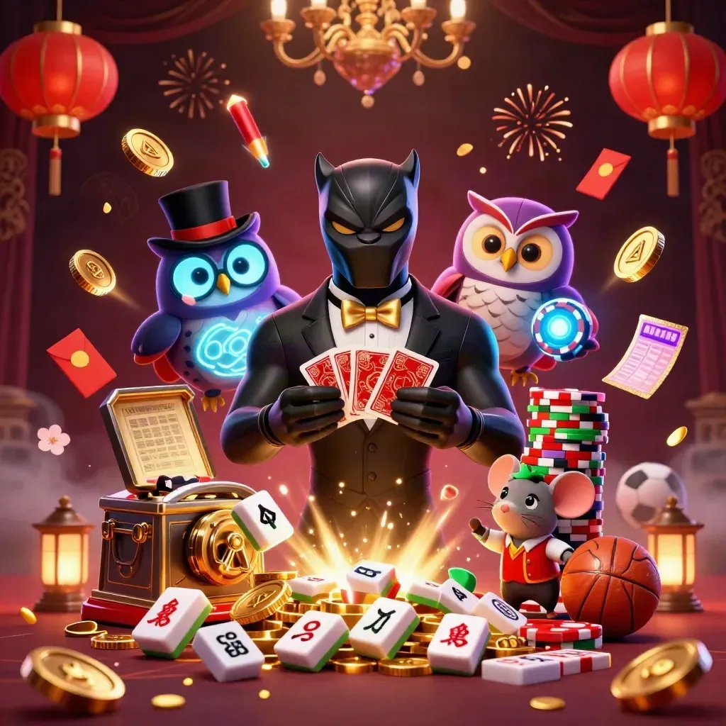 Panther, owl, and mouse amid gold coins, lanterns, chips, and fireworks in a dark casino burst.