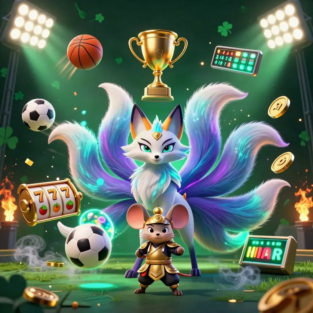Neon nine-tailed fox spirit with armored samurai mouse, casino loot, sports balls, and dark emerald glow.